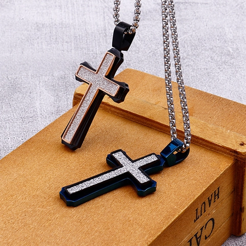 Collier Pendentif Croix Acier Inoxydable Superposé Dépoli Pailleté Punk Hip Hop Gothique Bijou Pour Homme Chaîne Box