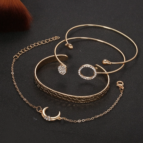 Fashion Golden Alloy Rhinestone Bangle Bracelet Moon Pendant Honeycomb Texture Open Adjustable Cuff Jewelry For Women