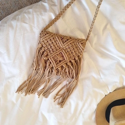 Bohemian Macrame Crossbody Bag Hand Woven Cotton Rope Tassel Fringe Summer Beach Vacation Women Small Square Shoulder Bag