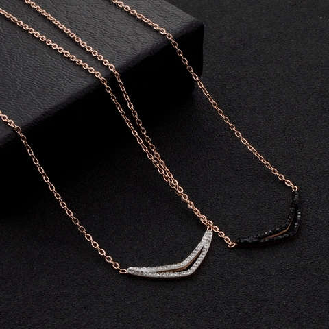 Edelstahl Halskette V-Form Chevron Anhänger Strass Eingelegt Elegant Mode Roségold Geschichteter Schmuck Für Damen