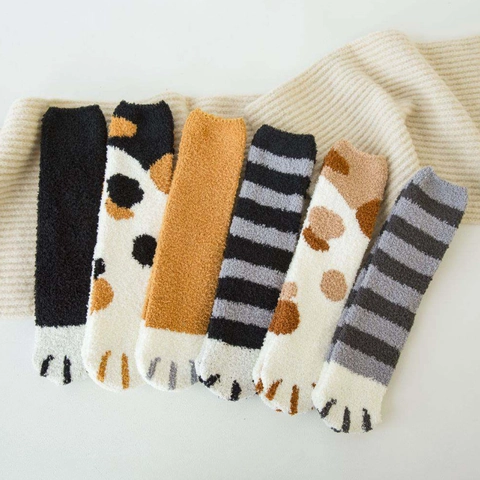 Chaussettes Pelucheuses Patte De Chat Polaire Corail Chaud Épais Mi-Mollet Maison Intérieur Sommeil Adultes Douillet