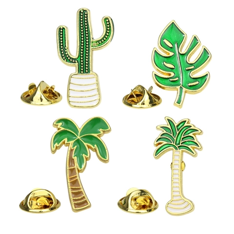 Cartoon Tropical Plant Enamel Brooch Pins Zinc Alloy Cactus Monstera Leaf Coconut Palm Tree Lapel Badge For Clothing Bags