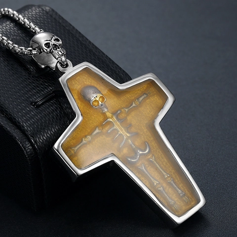 Collana Pendente Croce Gotica Acciaio Inossidabile 316 Scheletro Mummia Resina Ambra Punk Vintage Per Uomini