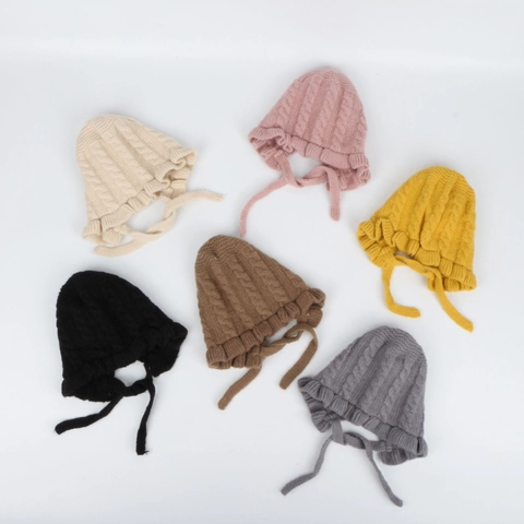 Baby Bonnet Winter Warm Cable Knit Hat With Ruffle Trim And Tie String For Infants Toddlers Acrylic Soft Comfortable