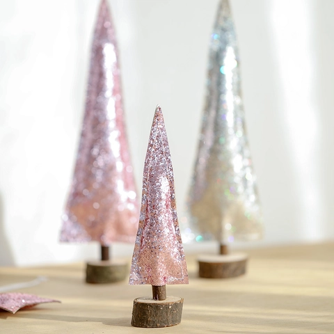 Mini Sapin De Noël Décoration De Bureau Tissu À Paillettes Brillantes Avec Base En Bois Naturel Décoration De Table Festive