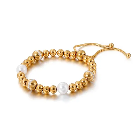 Beaded Bracelet Stainless Steel With Shell Artificial Pearl And Rhinestone Adjustable Slider Chain Elegant Jewelry For Women