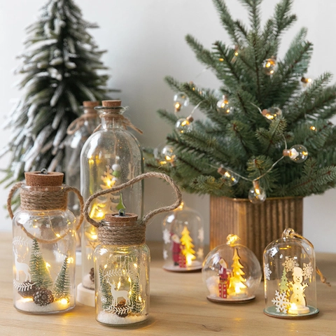 Veilleuse Dôme En Verre LED De Noël Père Noël Bonhomme De Neige Micro Paysage Décoration De Table Base En Bois Éclat Chaud