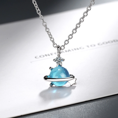 Blauer Planet Anhänger Halskette Kupfer Strass Eingelegt Saturn Stern Charm Schlüsselbein Kette Für Damen Mode Schmuck