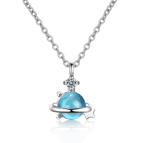 Blauer Planet Anhänger Halskette Kupfer Strass Eingelegt Saturn Stern Charm Schlüsselbein Kette Für Damen Mode Schmuck