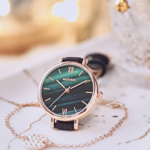 Women Quartz Watch Vintage Green Malachite Texture Dial Leather Strap Retro Elegant Ladies Casual Wristwatch