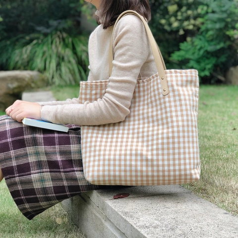Sac Fourre-Tout À Carreaux En Toile De Coton Avec Poignées En Similicuir Rivets Style Japonais Minimaliste Quotidien