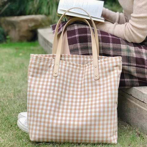 Sac Fourre-Tout À Carreaux En Toile De Coton Avec Poignées En Similicuir Rivets Style Japonais Minimaliste Quotidien
