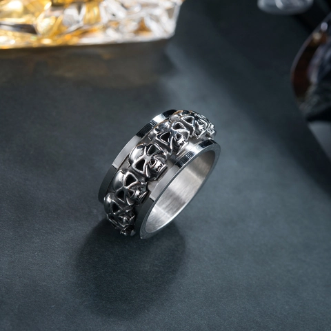 Skull Spinner Ring Stainless Steel Rotatable Continuous Relief Gothic Punk Hip Hop Vintage Retro Jewelry Unisex