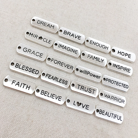 Inspirational Word Charm Pendants Rectangle Antique Silver Alloy Engraved Letter Tags For DIY Jewelry Making Vintage Style