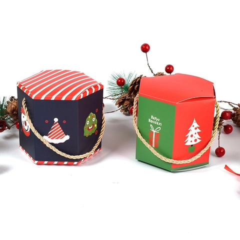 Confezione Regalo Di Natale Imballaggio In Cartone Esagonale Con Manico In Corda Dorata Scatola Per Caramelle Natalizie Motivi Cartoni Animati Festosi