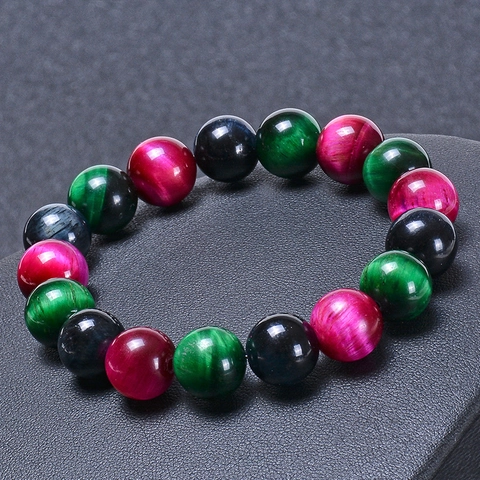 Natural Tiger Eye Bracelet Multi Color Gemstone Round Bead Elastic Jewelry For Women Men