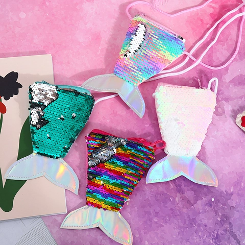 Cute Mermaid Tail Sequin Coin Purse Velvet For Kids Glitter Holographic Crossbody Bag Small Shoulder Wallet Mini Chain Handbag
