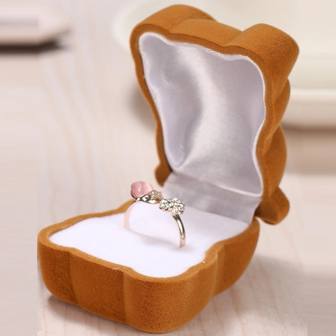 Cute Bear Shaped Jewelry Box Flocking Velvet Ring Case For Proposal Engagement Earring Storage Box With Bowknot Decor