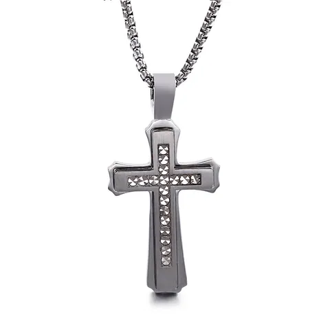 Klassieke Kruis Hanger Ketting Roestvrij Staal Met Zirkoon Ingelegd Hip Hop Religieuze Sieraden Voor Mannen Gothic