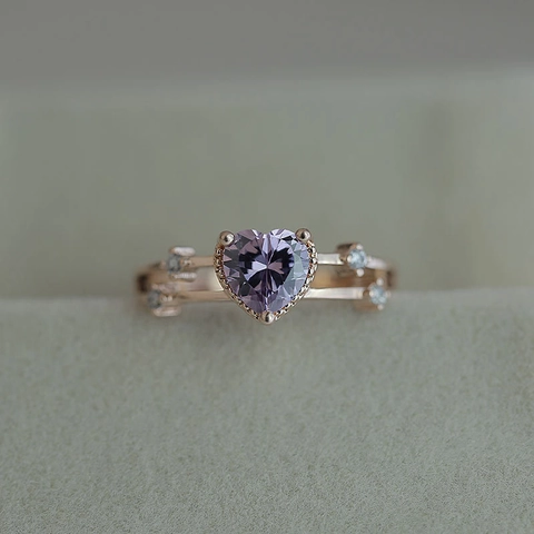 Heart Shape Purple Zircon Ring Rose Gold Plated Copper Double Row Band Adjustable Open Finger Rings For Women
