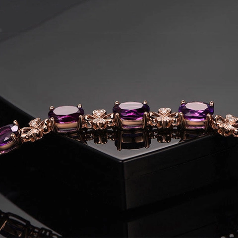 Amethyst Purple Gemstone Jewelry Set Rose Gold Plated Pear Water Drop Necklace Ear Hook Ring Bracelet Elegant Women Accessory