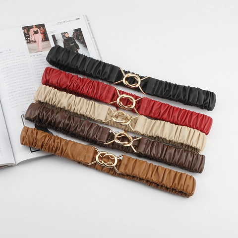 Dames Elastische Taille Riem Geplisseerd PU Leer Accordeon Stretch Tailleband Gouden Dubbele Ring Gesp Voor Jurken