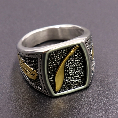 Men Stainless Steel Punk Ring Retro Square Scimitar Gold Feather Two Tone Gothic Jewelry Accessory