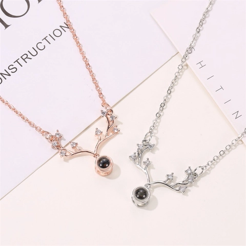 Luxury Copper Reindeer Antler Pendant Necklace Multiple Languages I Love You Projection Rhinestone Necklace Christmas Gift For Women