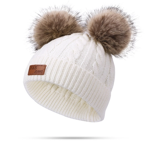 Winter Kinder Kabelpatroon Acryl Beanie Muts Met Nepbont Pompons Warme Peuter Gebreide Muts Voor Jongens Meisjes