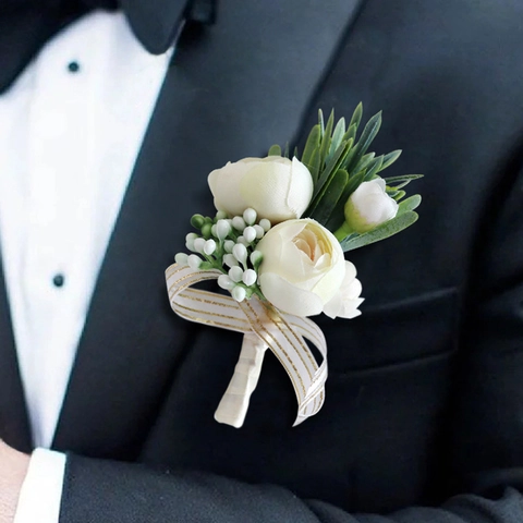 Wedding Boutonniere Satin Peony Flower With Green Leaves Gold Ribbon For Groom Groomsmen Formal Ceremony Party Decor