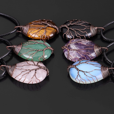 Vintage Tree Of Life Pendant Necklace Wire Wrapped Teardrop Natural Stone Amethyst Rose Quartz Tiger Eye Obsidian Jewelry For Women