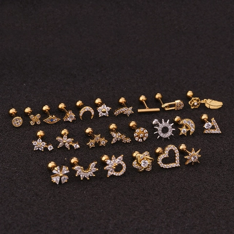 Stainless Steel Cartilage Ohrring Damen Kupfer Zirkon Blume Herz Stern Mond Helix Piercing Schmuck