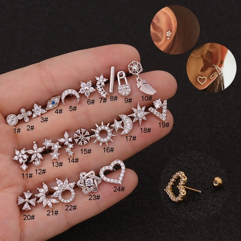 Stainless Steel Cartilage Ohrring Damen Kupfer Zirkon Blume Herz Stern Mond Helix Piercing Schmuck
