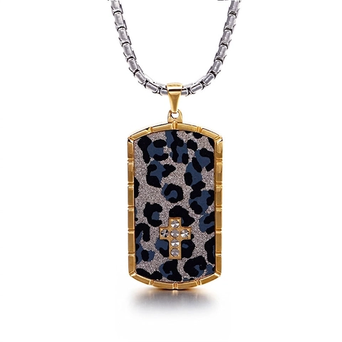 Men Stainless Steel Necklace Leopard Print Dog Tag Pendant With Cross Charm Hip Hop Punk Style Trendy Fashion Jewelry