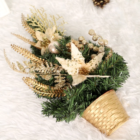 Artificial Half Mini Christmas Tree With Gold Poinsettia Berries Pinecones Woven Base LED Light Festive Home Table Decor