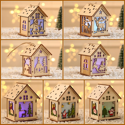 Christmas Wooden House LED Luminous Cabin Ornament Laser Cut Hollow Wood House Xmas Tree Hanging Decorative Light
