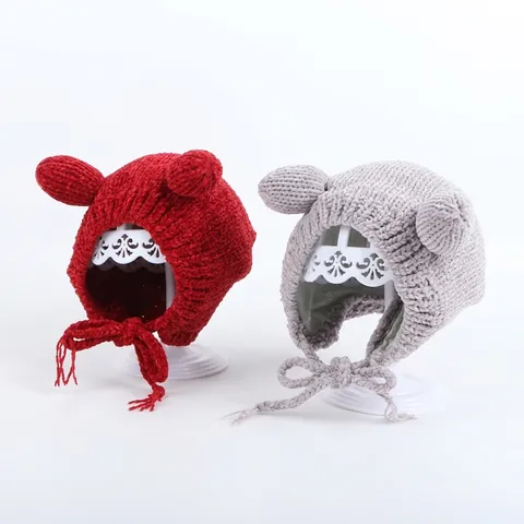 Gorro De Punto Cálido Invierno Bebé Protección Orejas Chenilla Dibujos Animados Orejas De Oso Correas Trenzadas Beanie
