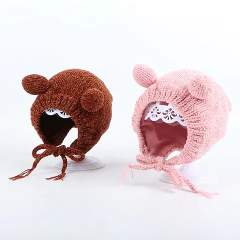 Gorro De Punto Cálido Invierno Bebé Protección Orejas Chenilla Dibujos Animados Orejas De Oso Correas Trenzadas Beanie