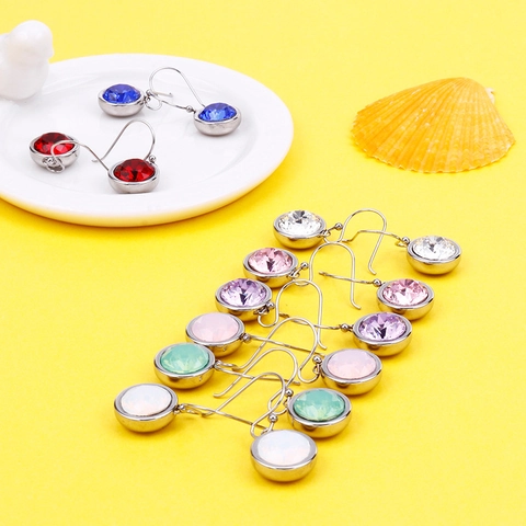 Round Zircon Drop Earrings Stainless Steel Colorful Hook Dangle Jewelry For Women Minimalist Style