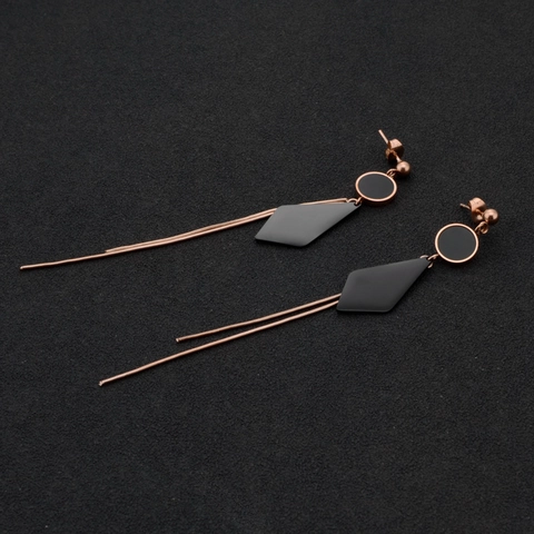 Geometrische Rauten Quasten Ohrringe Titan Edelstahl Roségold Schwarz Kreis Lang Baumeln Mode Schmuck Für Frauen