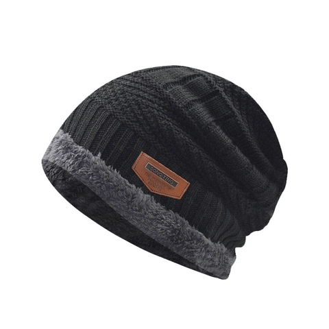 Gorro De Invierno De Punto Lana Cálido Forrado De Felpa Parche De Cuero Color Sólido Para Hombres Mujeres