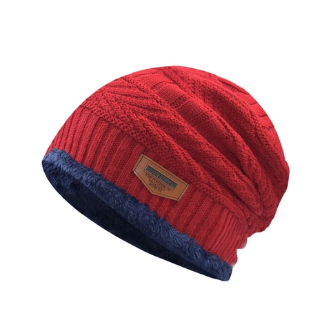 Gorro De Invierno De Punto Lana Cálido Forrado De Felpa Parche De Cuero Color Sólido Para Hombres Mujeres
