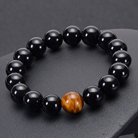 Natural Black Agate Tiger Eye Stone Beaded Bracelet Vintage Minimalist Gemstone Jewelry Unisex Gift