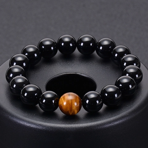 Natural Black Agate Tiger Eye Stone Beaded Bracelet Vintage Minimalist Gemstone Jewelry Unisex Gift