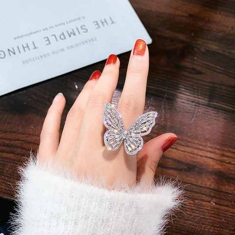 Anello Farfalla Lega Zircone Strass Aperto Regolabile Grande Lucido Lusso Moda Gioielli Accessorio Dichiarazione Per Donne