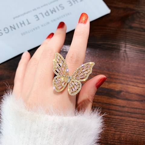 Anello Farfalla Lega Zircone Strass Aperto Regolabile Grande Lucido Lusso Moda Gioielli Accessorio Dichiarazione Per Donne