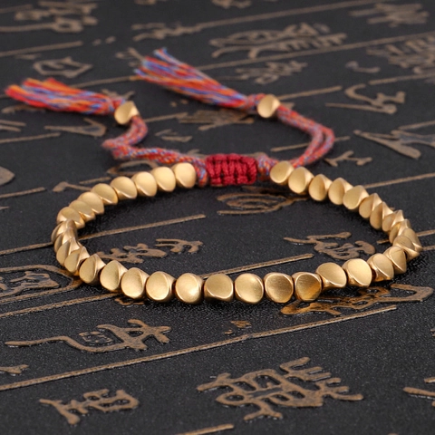 Handmade Braided Bracelet Irregular Copper Beads Matte Gold Adjustable Drawstring Tassels Ethnic Boho Unisex Jewelry