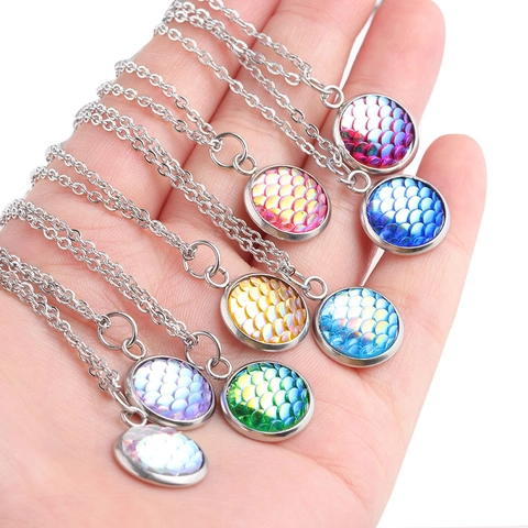 Collar De Acero Inoxidable Con Colgante Redondo De Escamas De Pez Sirena Joyería De Moda Colorida Para Mujer