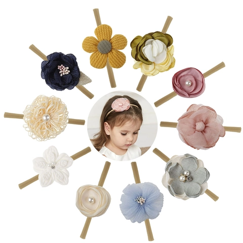 Baby Girl Floral Headbands Fabric Nylon Elastic Soft Artificial Pearl Rhinestone Mesh Hair Accessory For Toddlers Newborns Holiday Party