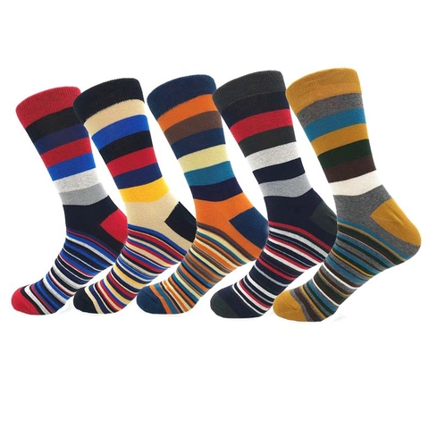 Mens Crew Socks Colorful Striped Cotton Blend Breathable Casual Geometric Pattern Middle Tube Trendy Hosiery